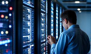 Tecnico IT che lavora su server aziendale, configurando rack e cavi in un data center illuminato.