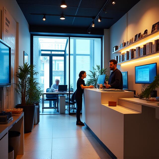 Interno del negozio Cogito Computing a Roma, mostra un ambiente moderno e accogliente con un tecnico al banco.